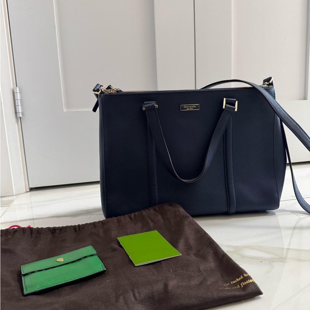 kate spade Navy Saffiano Leather Tote with Gold Hardware and Cardholder